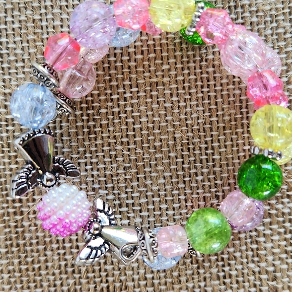 "SOLD" Hand Crafted Angel Wrap Bracelet S Crackled Beads Pink Green Yellow - Picture 5 of 9